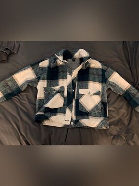 SHEIN Cream and Teal Plaid Shacket